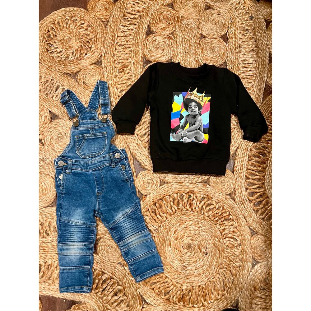 Boys Streetwear Bundle Biggie Smalls Sweatshirt Denim skinny Ovaralls 12 Months - Picture 2 of 6